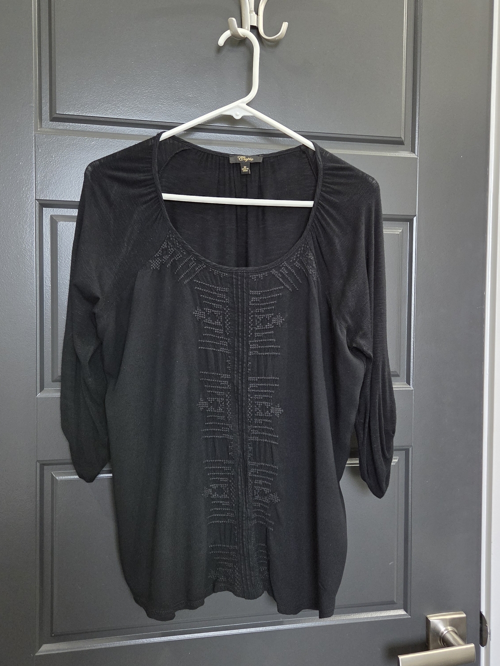 Cupio Black Long Sleeve Scoop Neck Top with Front Embellishment